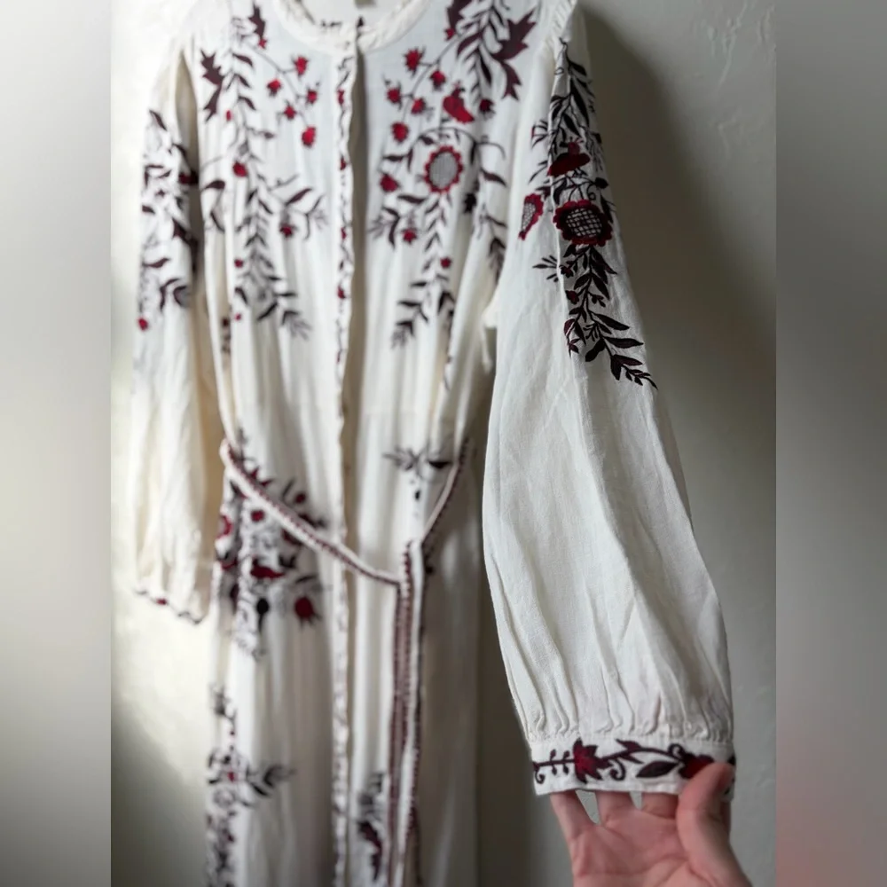 Sundance White Burgundy Embroidered Maxi Dress Tie Waist Boho Cottagecore XL - Picture 7 of 16